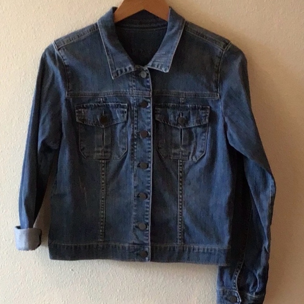 Kut from the Kloth Amelia dark wash denim jacket.